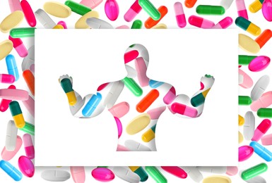 Silhouette of sportsman filled with pills symbolizing using doping on white background