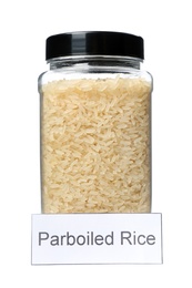 Parboiled rice in jar with label, isolated on white. Mock up for design