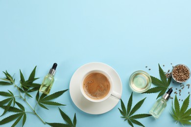 Photo of CBD oil, THC tincture, cup of coffee and hemp leaves on light blue background, flat lay. Space for text