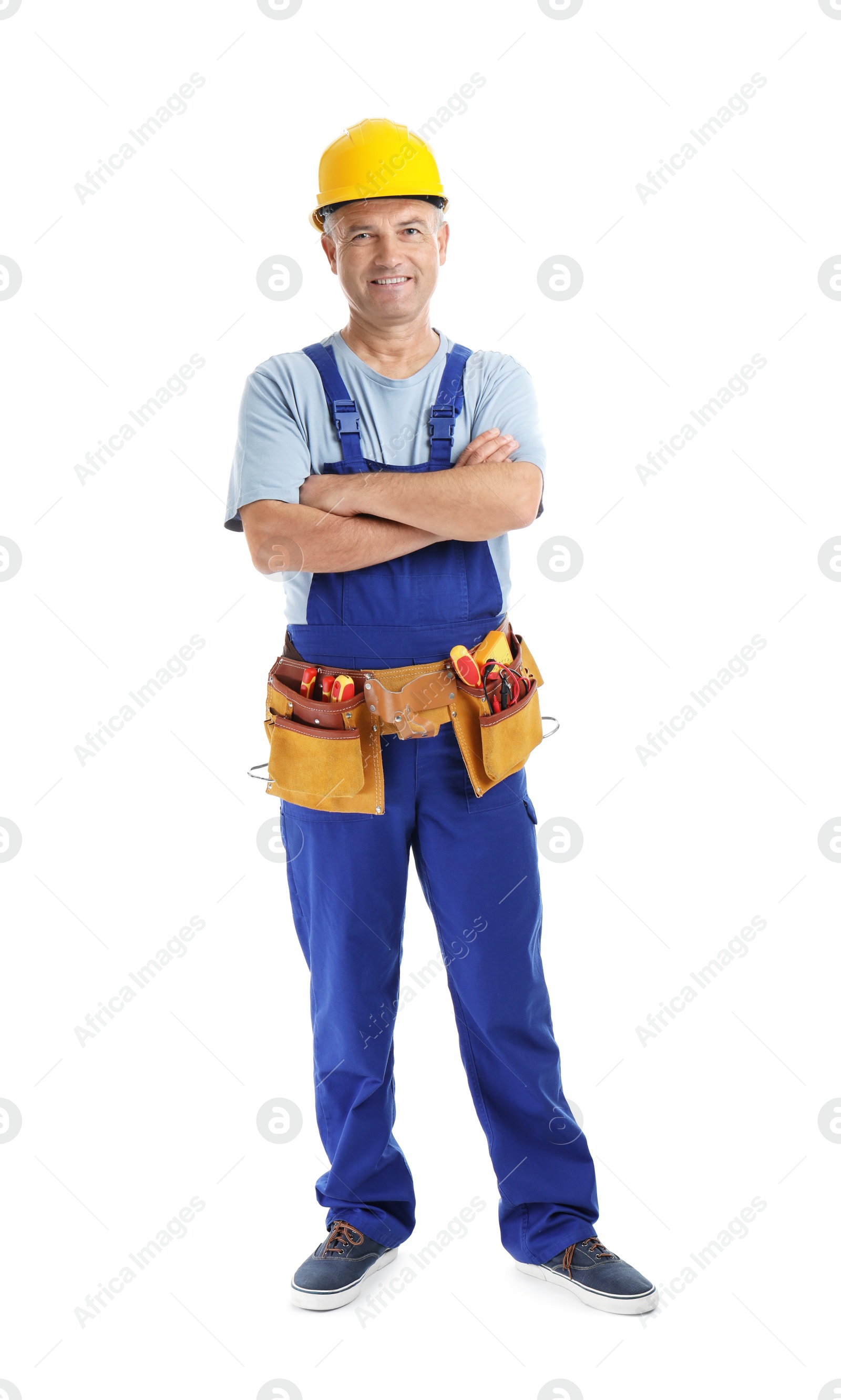 Photo of Electrician with tools wearing uniform on white background