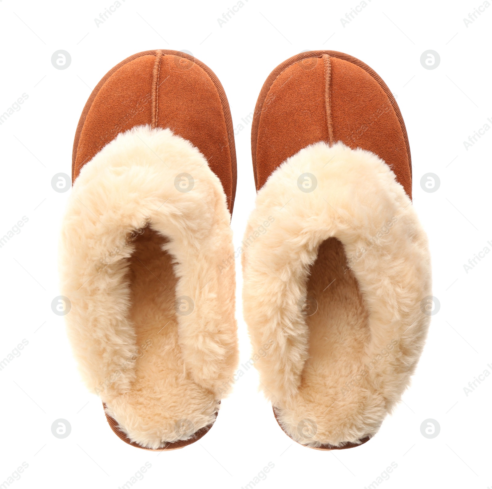 Photo of Stylish soft slippers on white background, top view