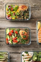 Healthy meal. Containers with different products on wooden table, flat lay