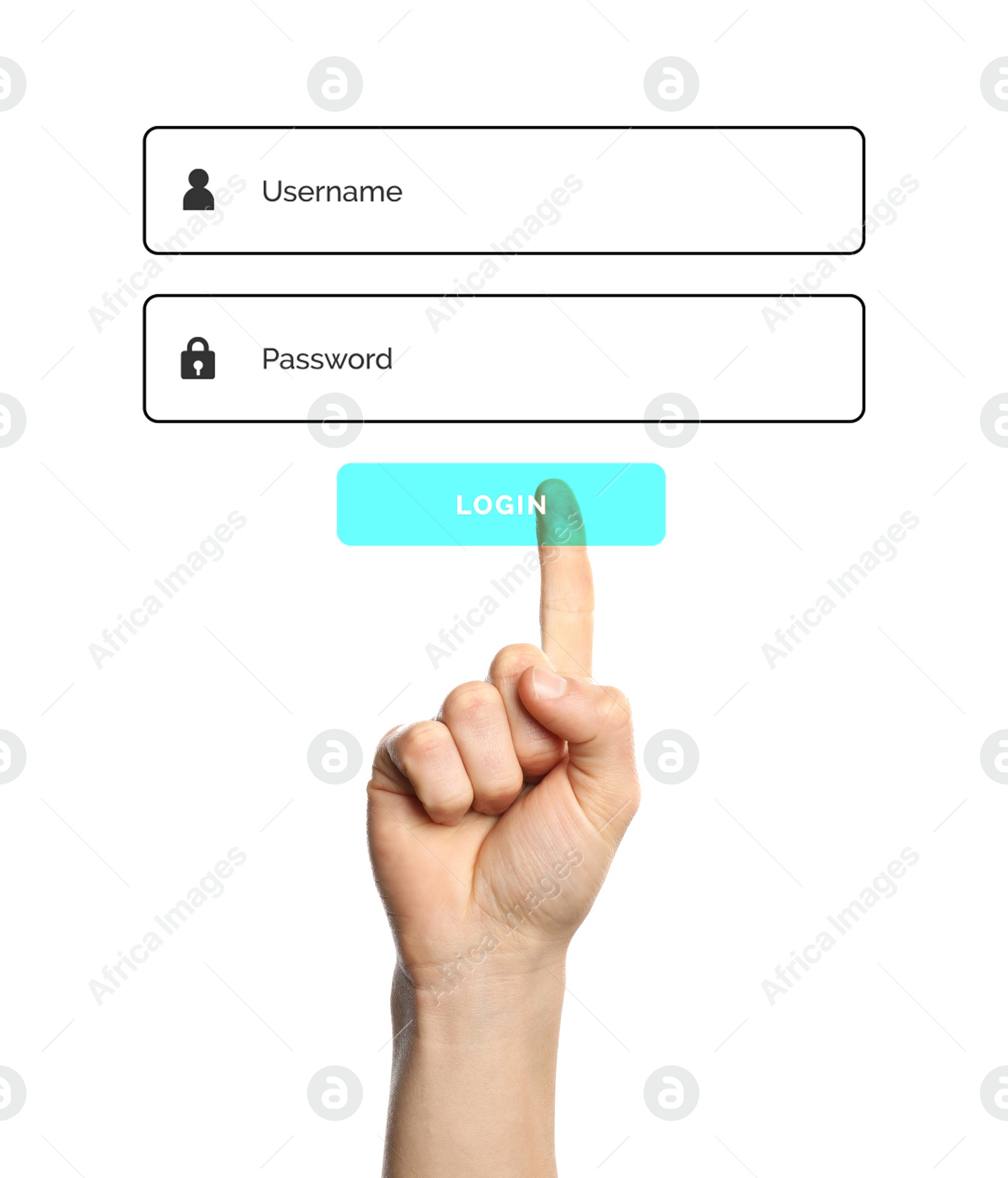 Image of Illustration of authorization interface and woman pressing button LOGIN on white background, closeup