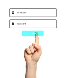 Illustration of authorization interface and woman pressing button LOGIN on white background, closeup