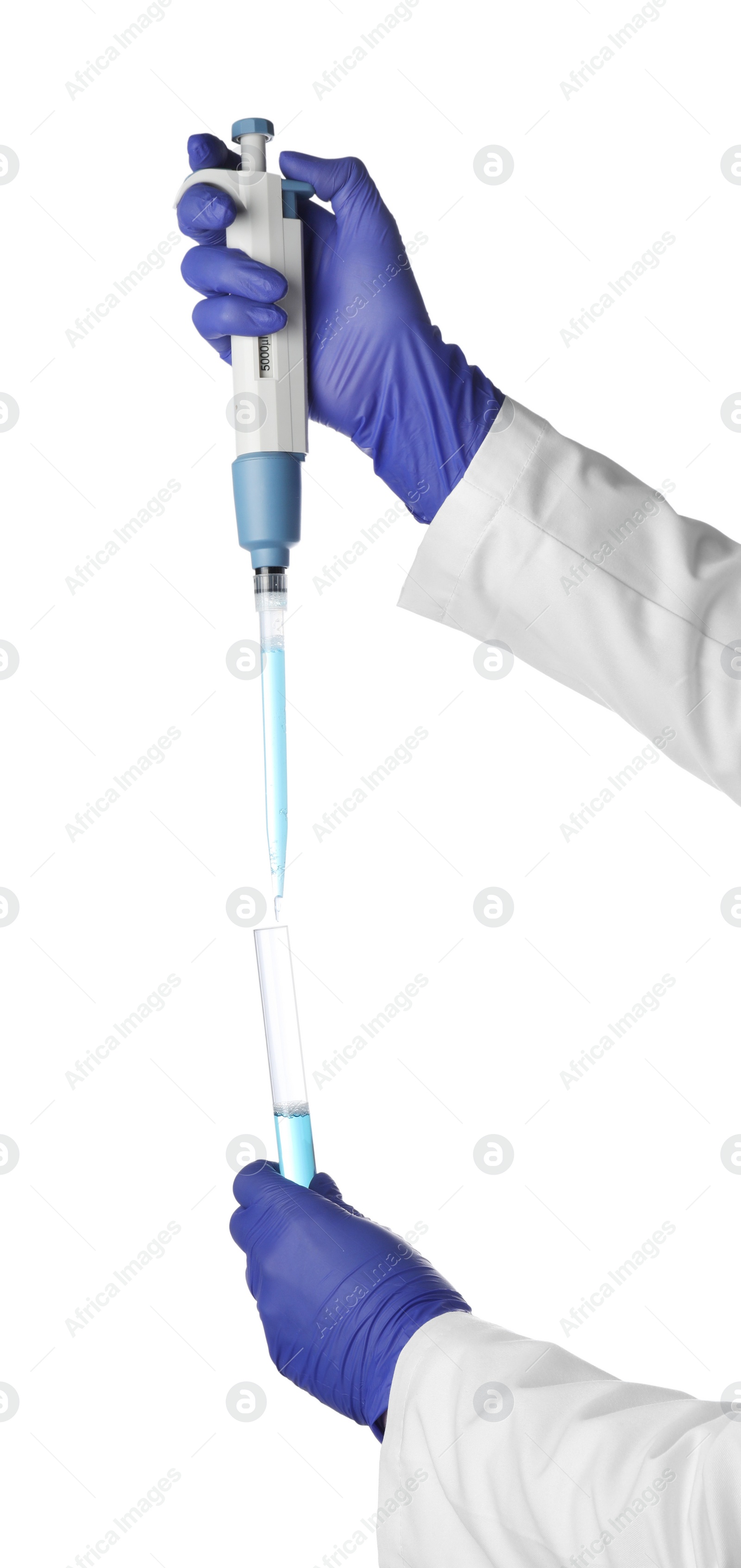 Photo of Laboratory analysis. Scientist dripping sample with micropipette into test tube on white background, closeup