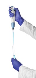 Laboratory analysis. Scientist dripping sample with micropipette into test tube on white background, closeup