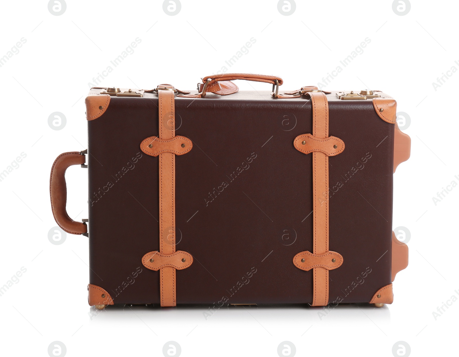 Photo of Fashionable brown suitcase on white background