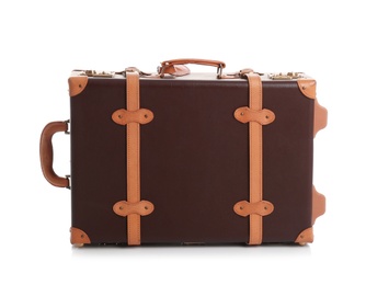 Photo of Fashionable brown suitcase on white background