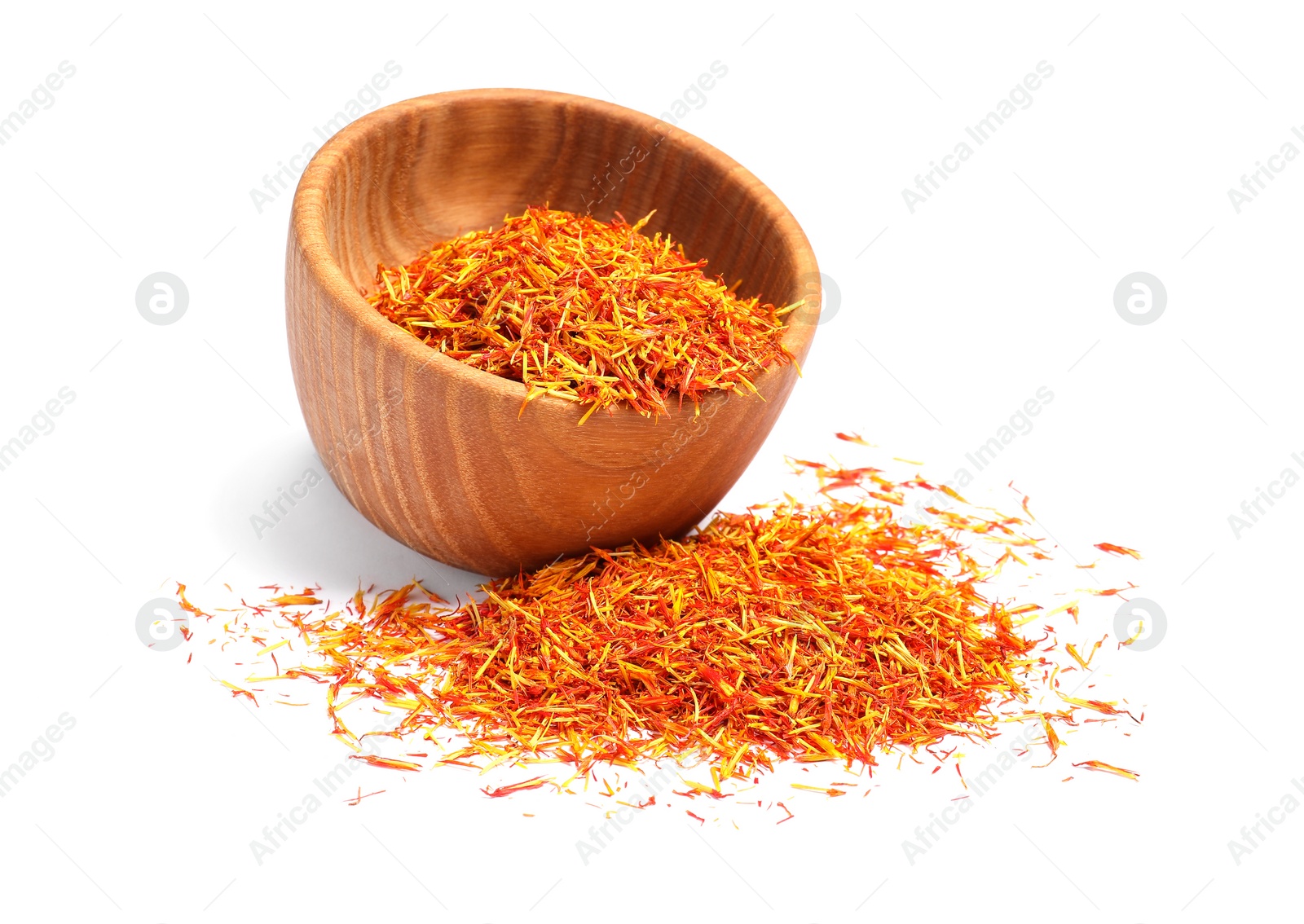 Photo of Aromatic saffron and bowl isolated on white