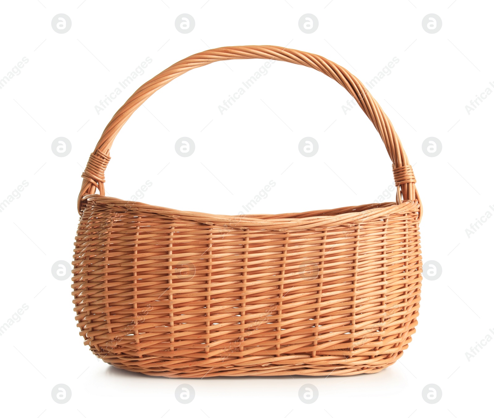 Photo of Empty wicker picnic basket isolated on white