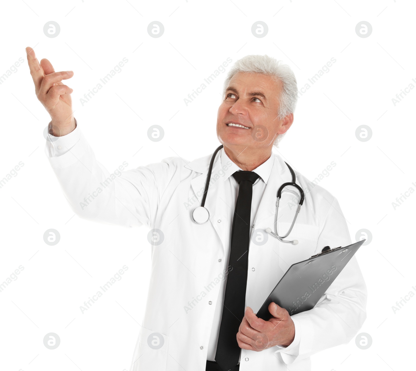 Photo of Portrait of male doctor with clipboard isolated on white. Medical staff