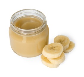 Tasty baby food in jar and fresh banana isolated on white