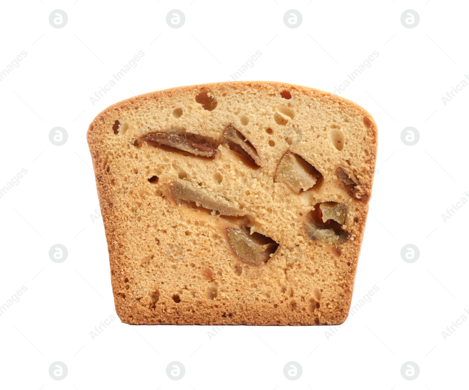 Photo of Slice of tasty pear bread isolated on white. Homemade cake