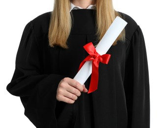 Student with diploma on white background, closeup