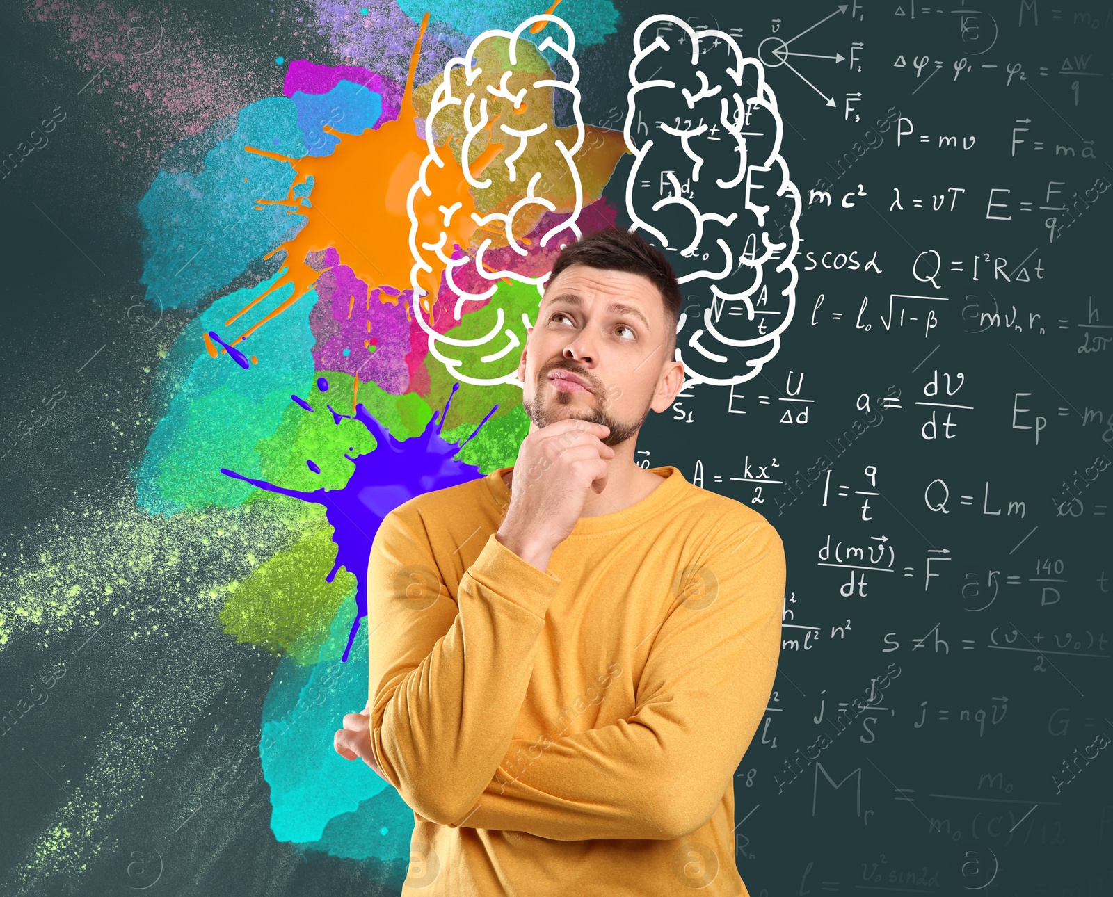 Image of Logic and creativity. Man and illustration of brain hemispheres. Different formulas and bright paint stains on chalkboard