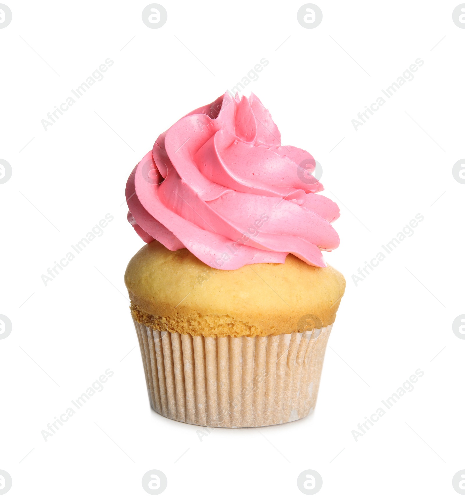 Photo of Delicious cupcake decorated with pink cream isolated on white. Birthday treat