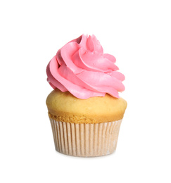 Photo of Delicious cupcake decorated with pink cream isolated on white. Birthday treat