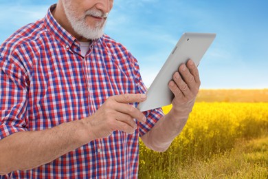 Image of Farmer with tablet computer in field, closeup. Harvesting season