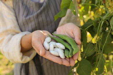 Photo of Woman showing fresh green and white beans in garden, closeup