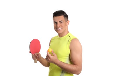 Photo of Handsome man with table tennis racket and ball on white background. Ping pong player