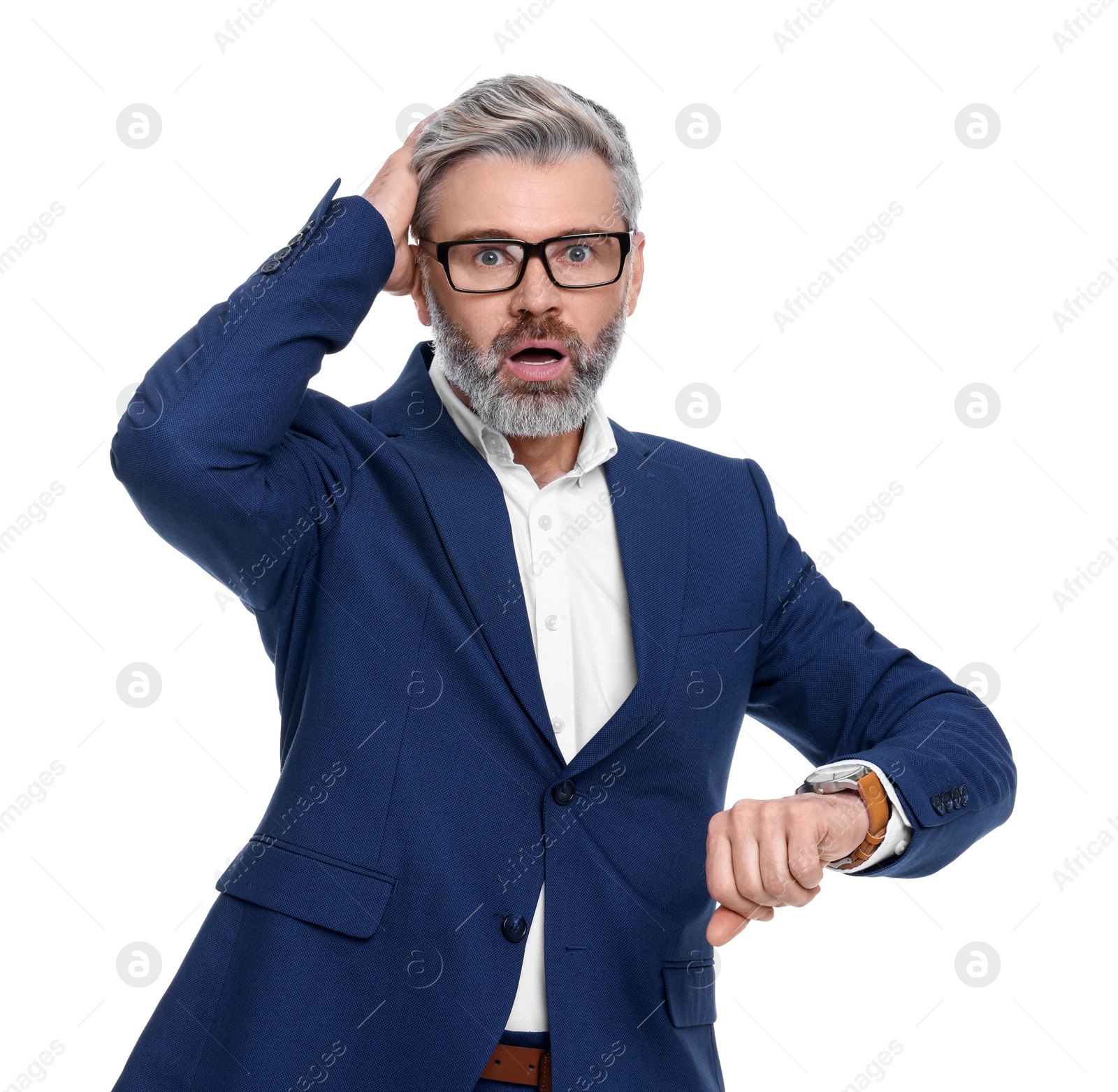 Photo of Mature businessman in stylish clothes checking time on white background