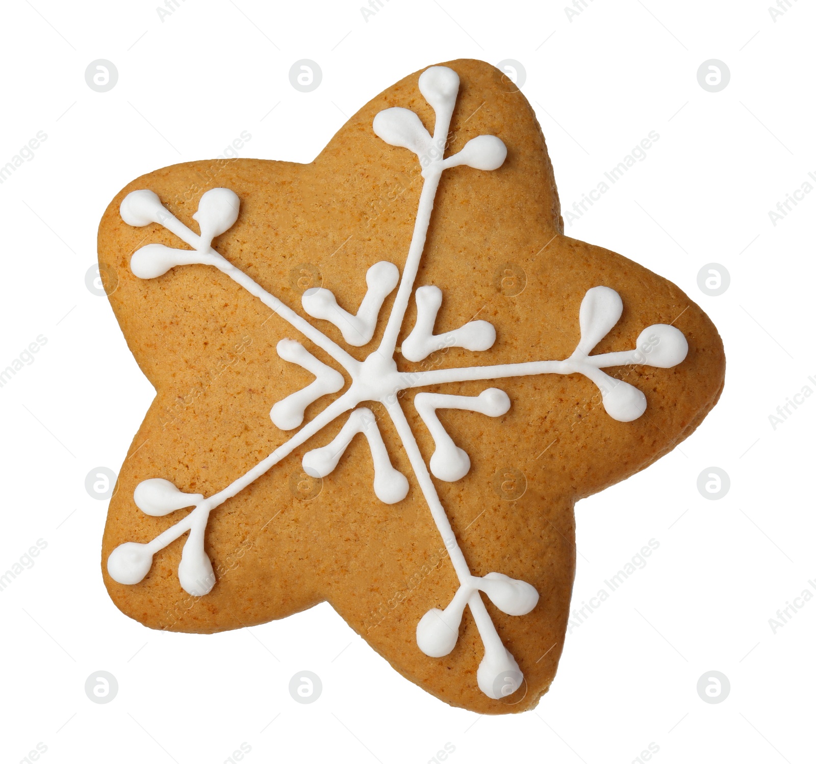 Photo of Tasty star shaped Christmas cookie with icing isolated on white