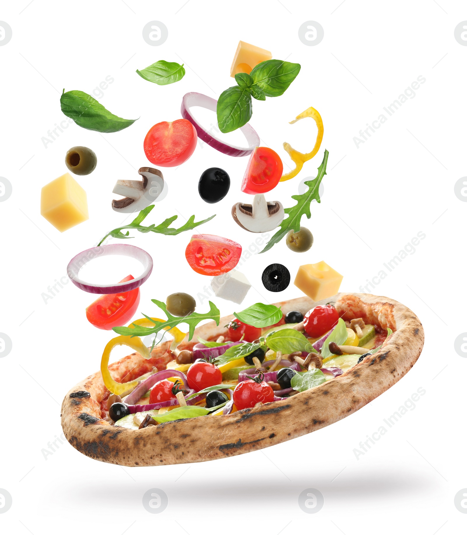 Image of Delicious pizza with flying ingredients on white background