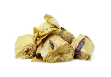 Photo of Delicious artichokes pickled in olive oil on white background