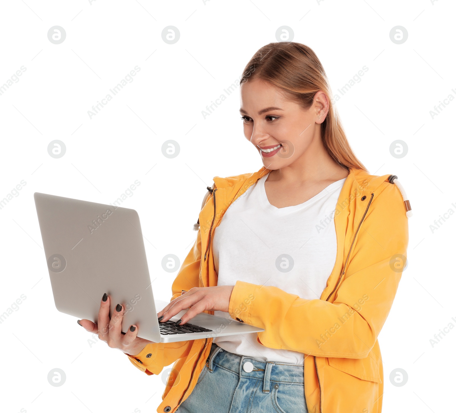 Photo of Beautiful woman using laptop on white background