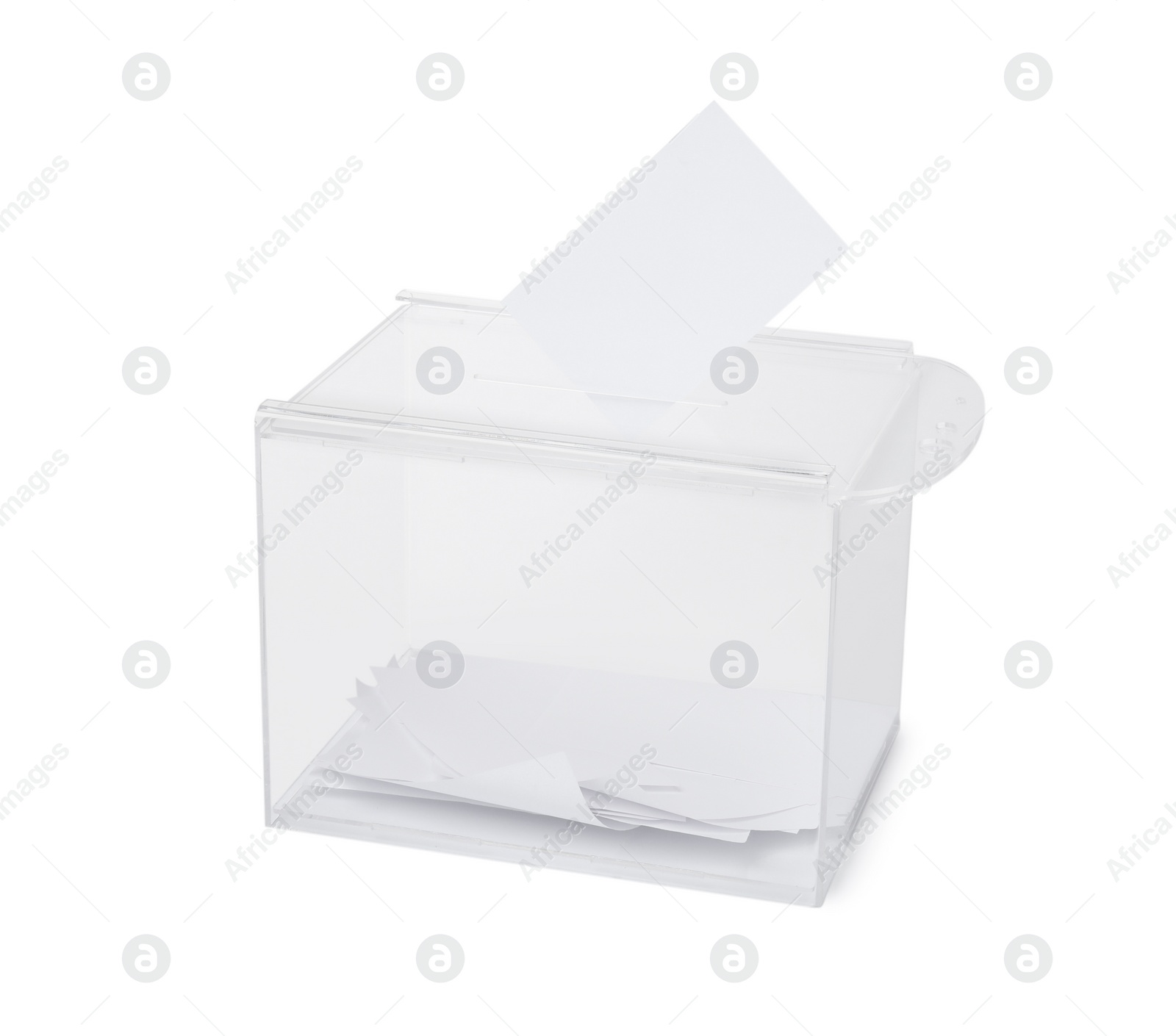 Photo of Transparent ballot box with vote isolated on white