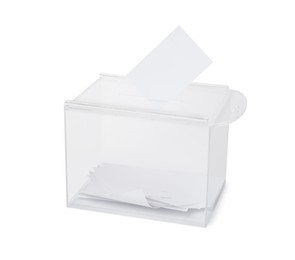 Photo of Transparent ballot box with vote isolated on white