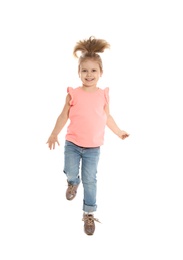 Photo of Pretty little girl jumping against white background