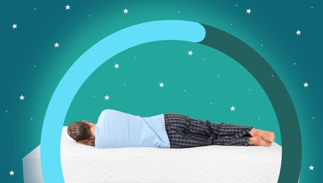 Image of Young man sleeping on mattress against color background, back view. Healthy circadian rhythm and sleep habits