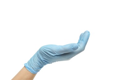 Doctor wearing light blue medical glove holding something on white background, closeup