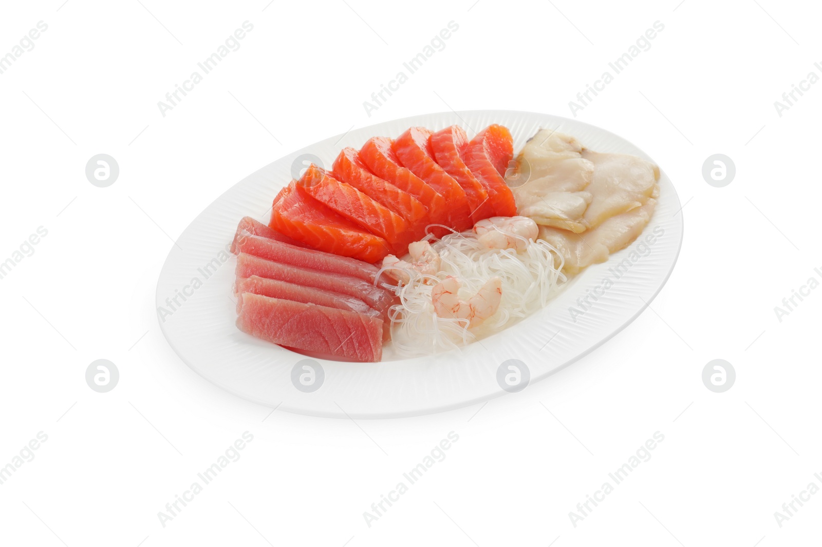 Photo of Tasty sashimi set (raw tuna, slices of salmon, shrimp and oily fish) served with funchosa isolated on white