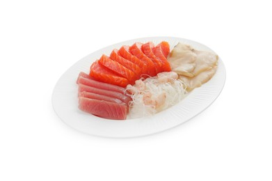 Photo of Tasty sashimi set (raw tuna, slices of salmon, shrimp and oily fish) served with funchosa isolated on white
