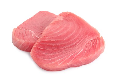 Photo of Fresh raw tuna fillets on white background