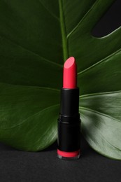 Photo of Beautiful pink lipstick and green leaf on black background