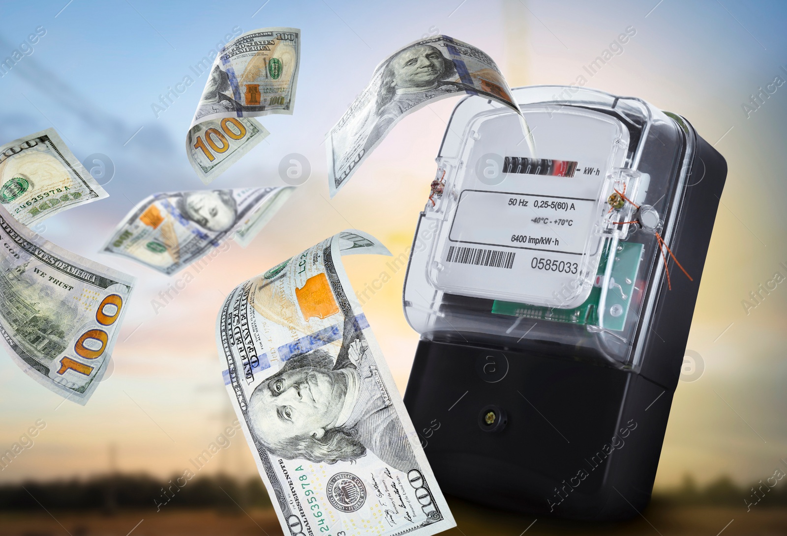 Image of Electricity meters with flying dollar banknotes outdoors at sunset. Paying bills