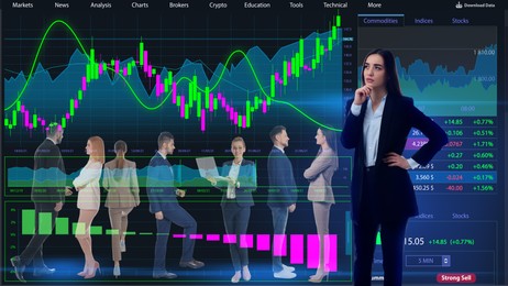 Image of Double exposure of businesspeople and online web terminal with information. Stock exchange 