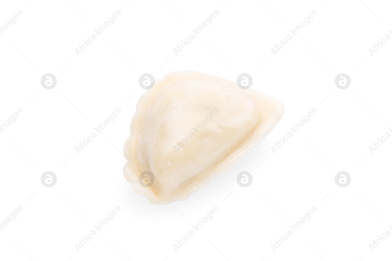 Photo of One dumpling (varenyk) with tasty filling isolated on white, top view