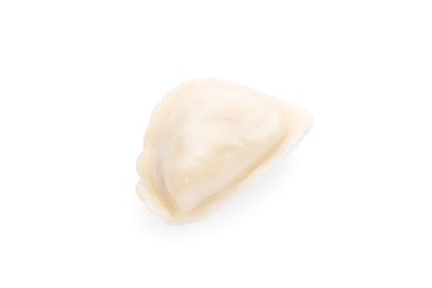 Photo of One dumpling (varenyk) with tasty filling isolated on white, top view