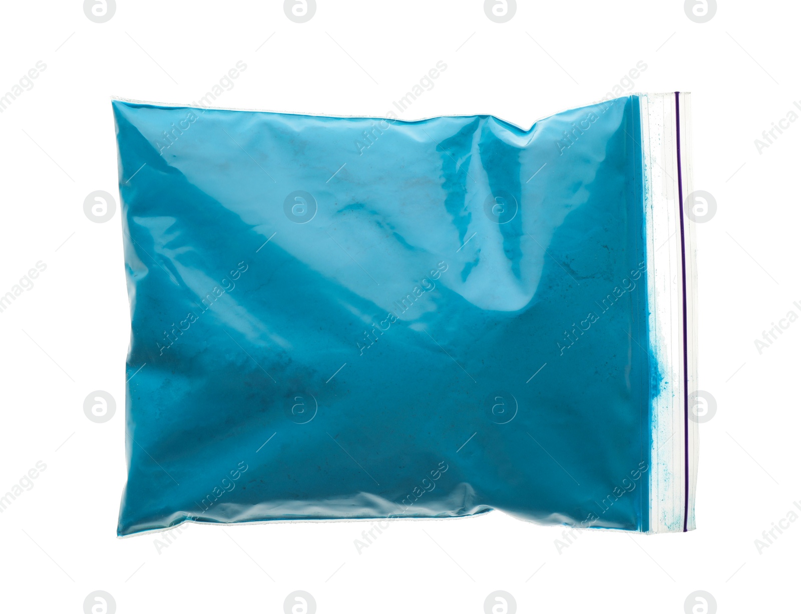 Photo of Light blue powder in plastic bag isolated on white, top view. Holi festival celebration
