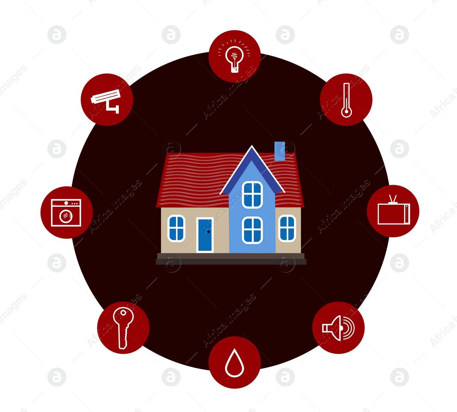 Image of Illustration of smart home technology with automatic systems and icons on white background