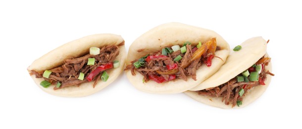 Photo of Delicious gua bao (pork belly buns) isolated on white, top view