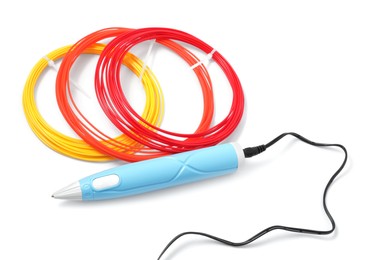 Stylish 3D pen and colorful plastic filaments on white background