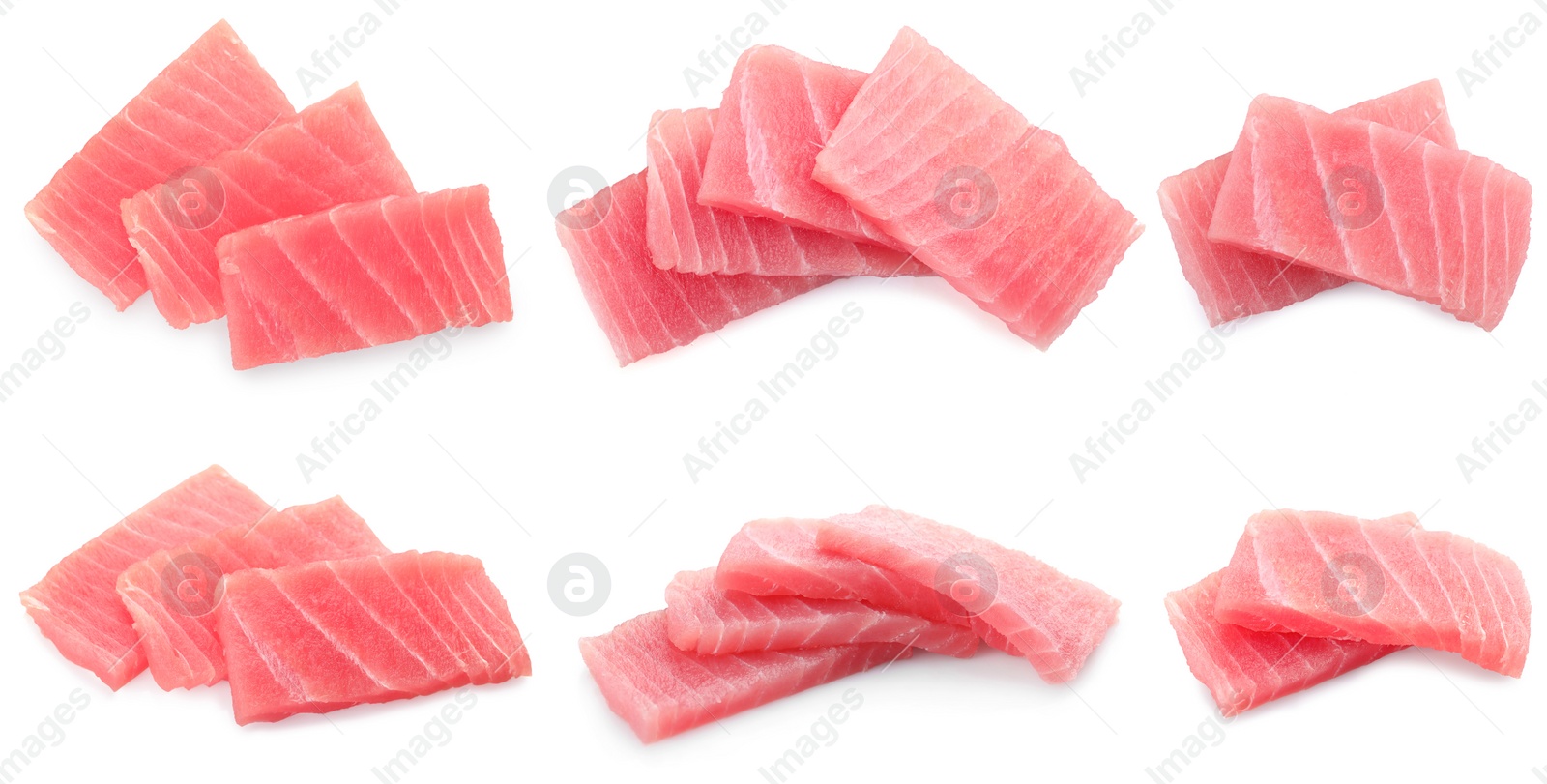 Image of Collage with fresh tuna sashimi isolated on white, top and side views