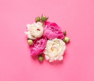 Photo of Beautiful peonies on color background, flat lay