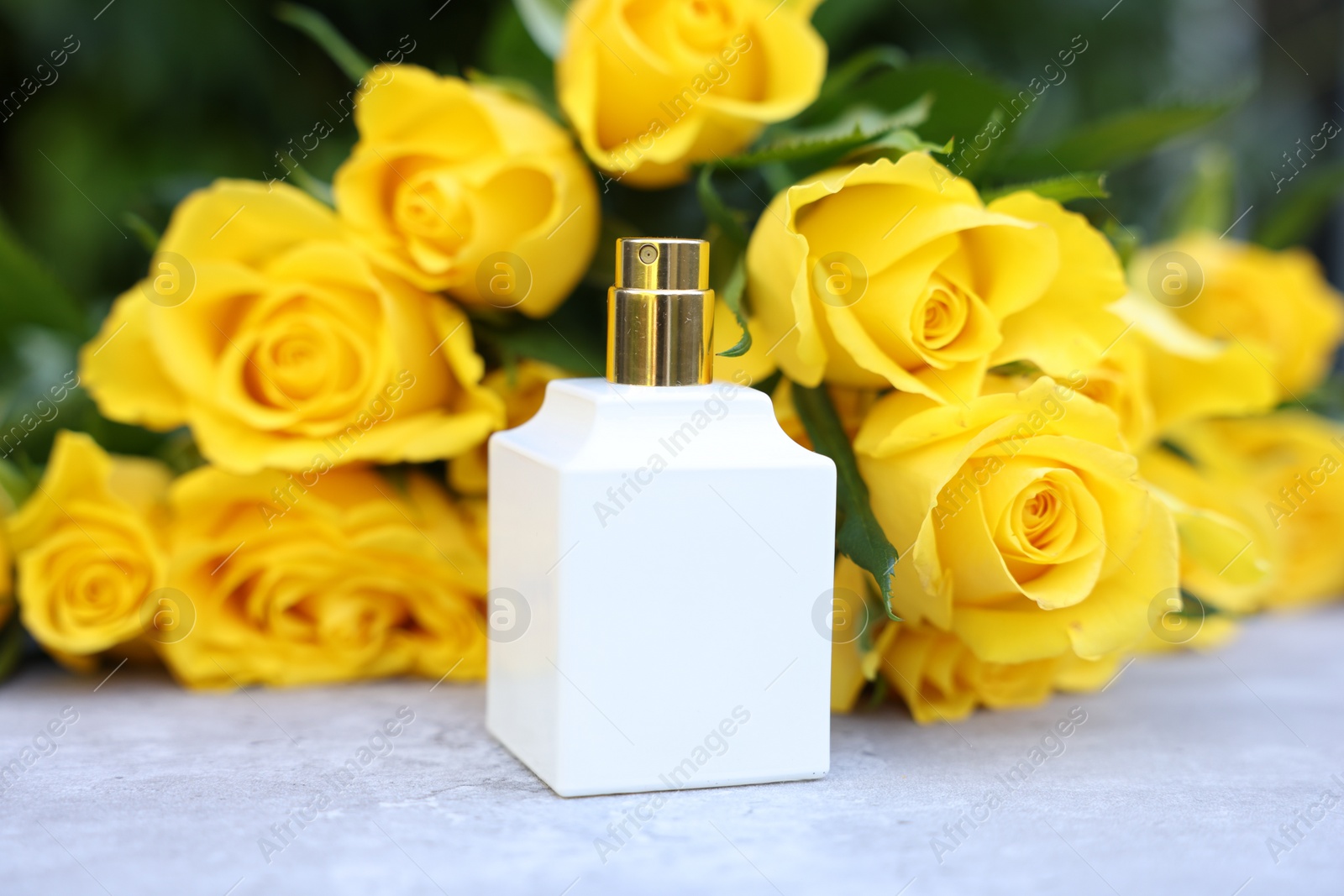 Photo of Perfume and beautiful bouquet of yellow roses on light table, closeup