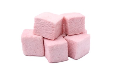 Photo of Pile of delicious sweet marshmallows on white background